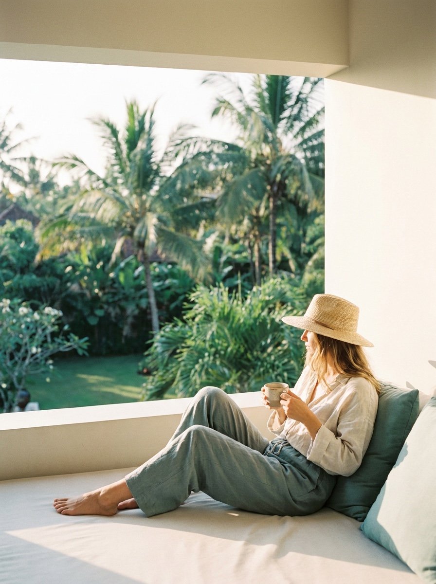 Guest relaxing with a coffee at a Bali villa overlooking palm trees